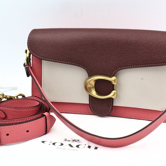 Authentic Coach Colorblock Maroon Peach Leather Saddle Bag - Picture 2 of 11